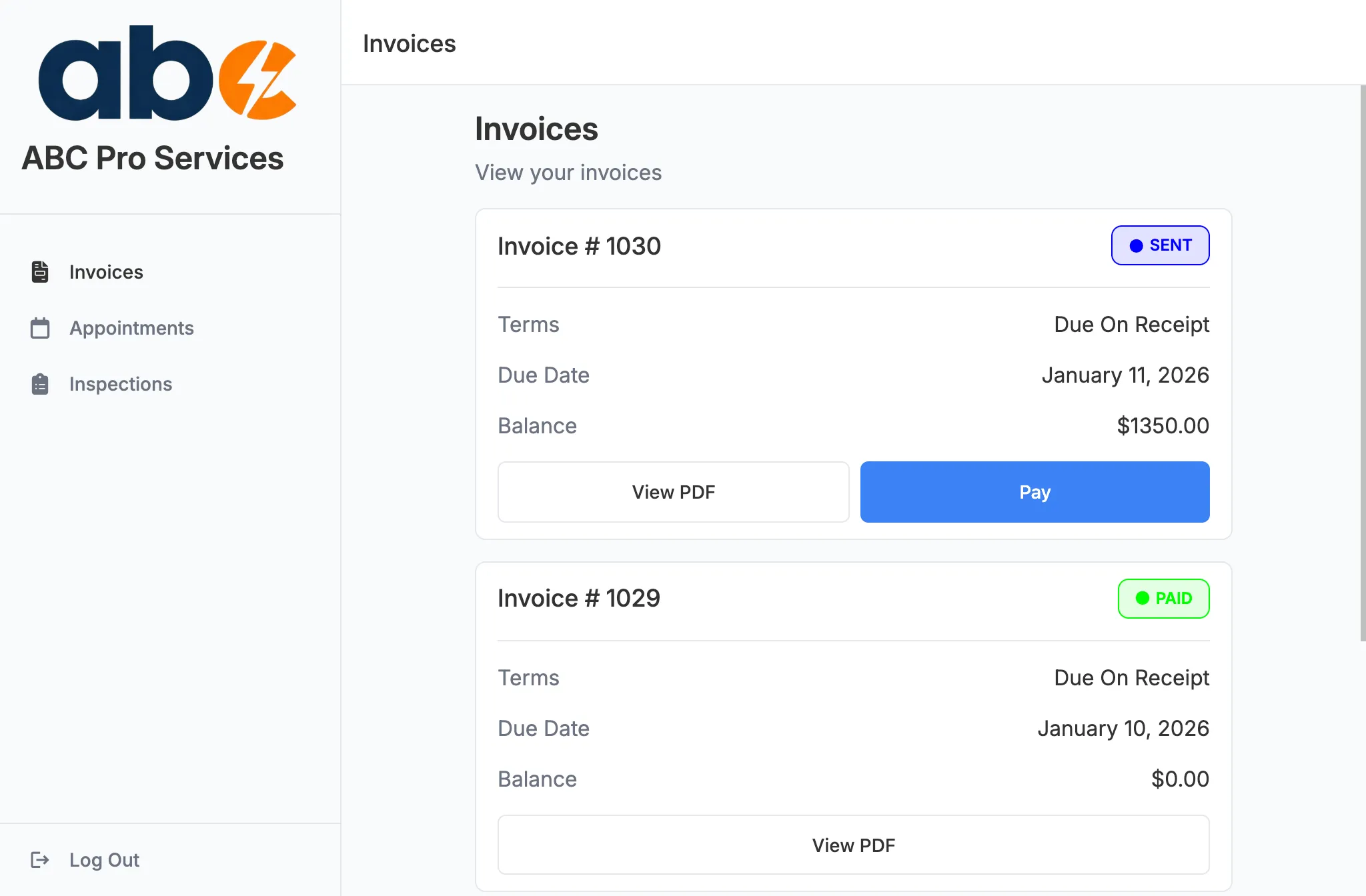 Client portal invoices list with Pay Online button