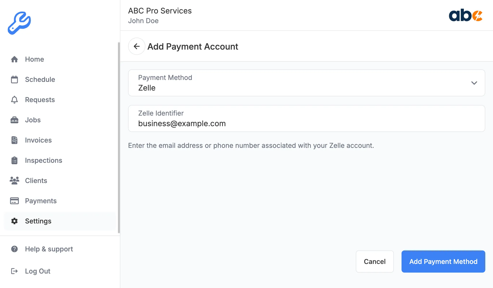 Add Payment Account form with Zelle selected
