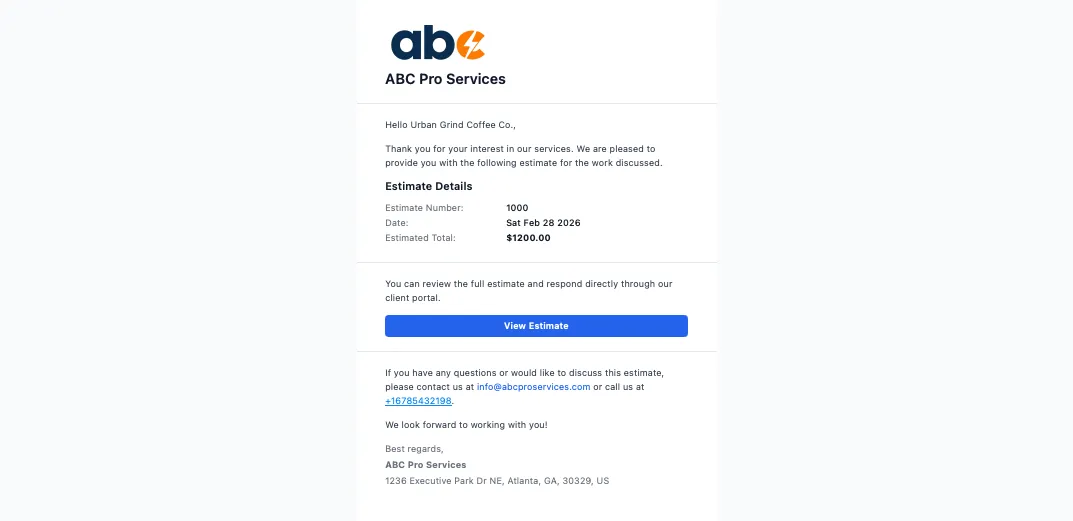 Example of the estimate email a client receives with the View Estimate button