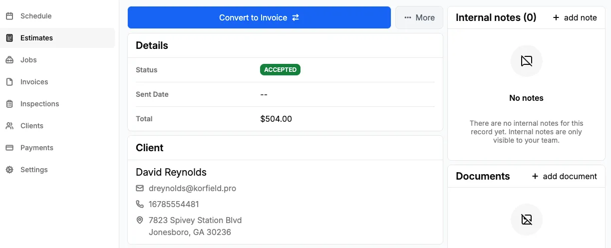 Estimate details screen showing the Convert to Invoice button for an accepted estimate