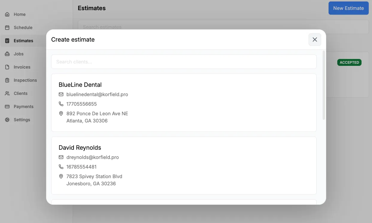 Client selection screen when creating a new estimate