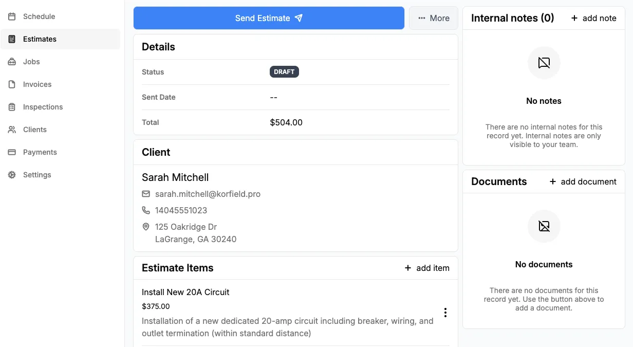 Estimate details screen showing line items and total