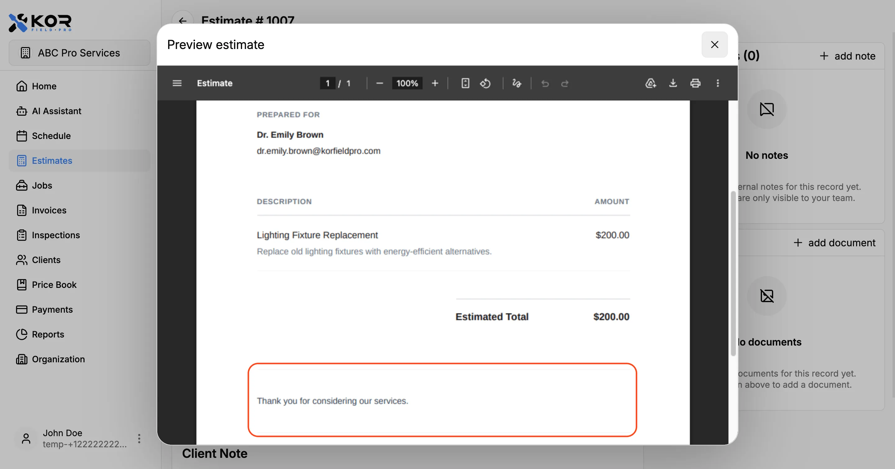 Estimate PDF showing the custom footer message at the bottom