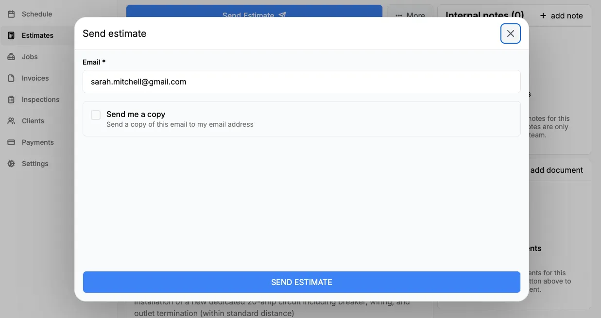 Send estimate modal with email field and BCC option