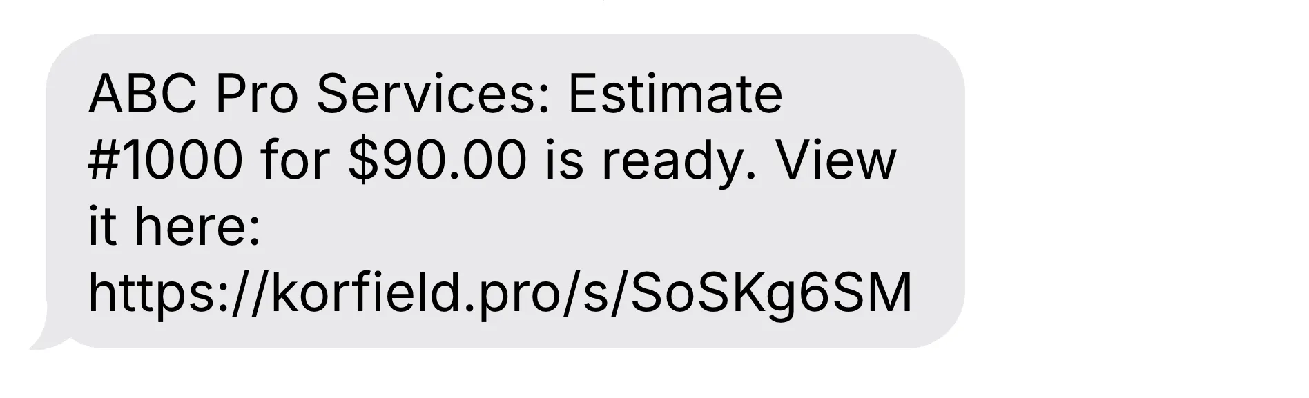 Example of the estimate SMS message a client receives with a short portal link