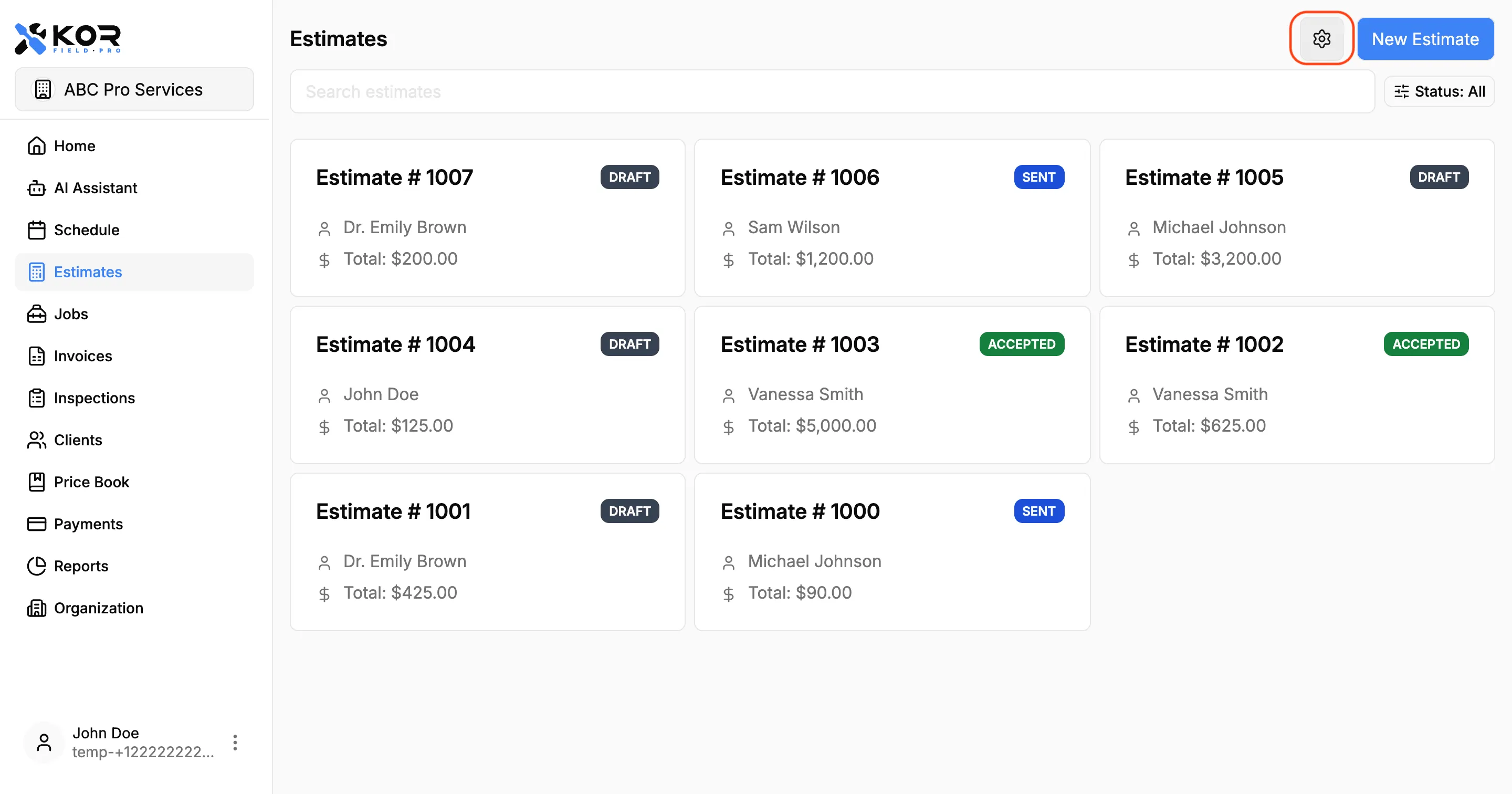 Estimates list screen showing the settings gear icon in the top-right corner