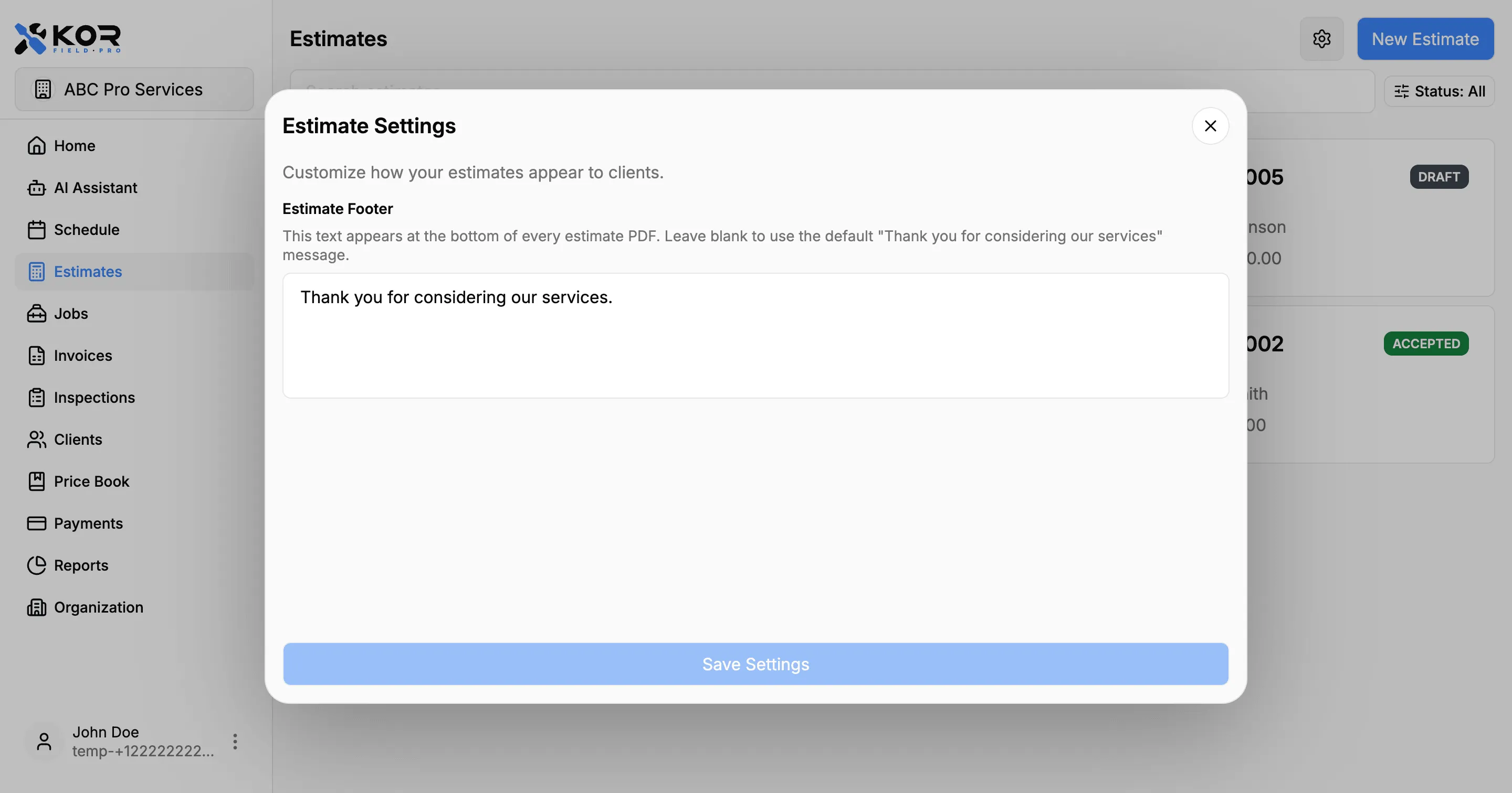 Estimate Settings screen with the footer text field