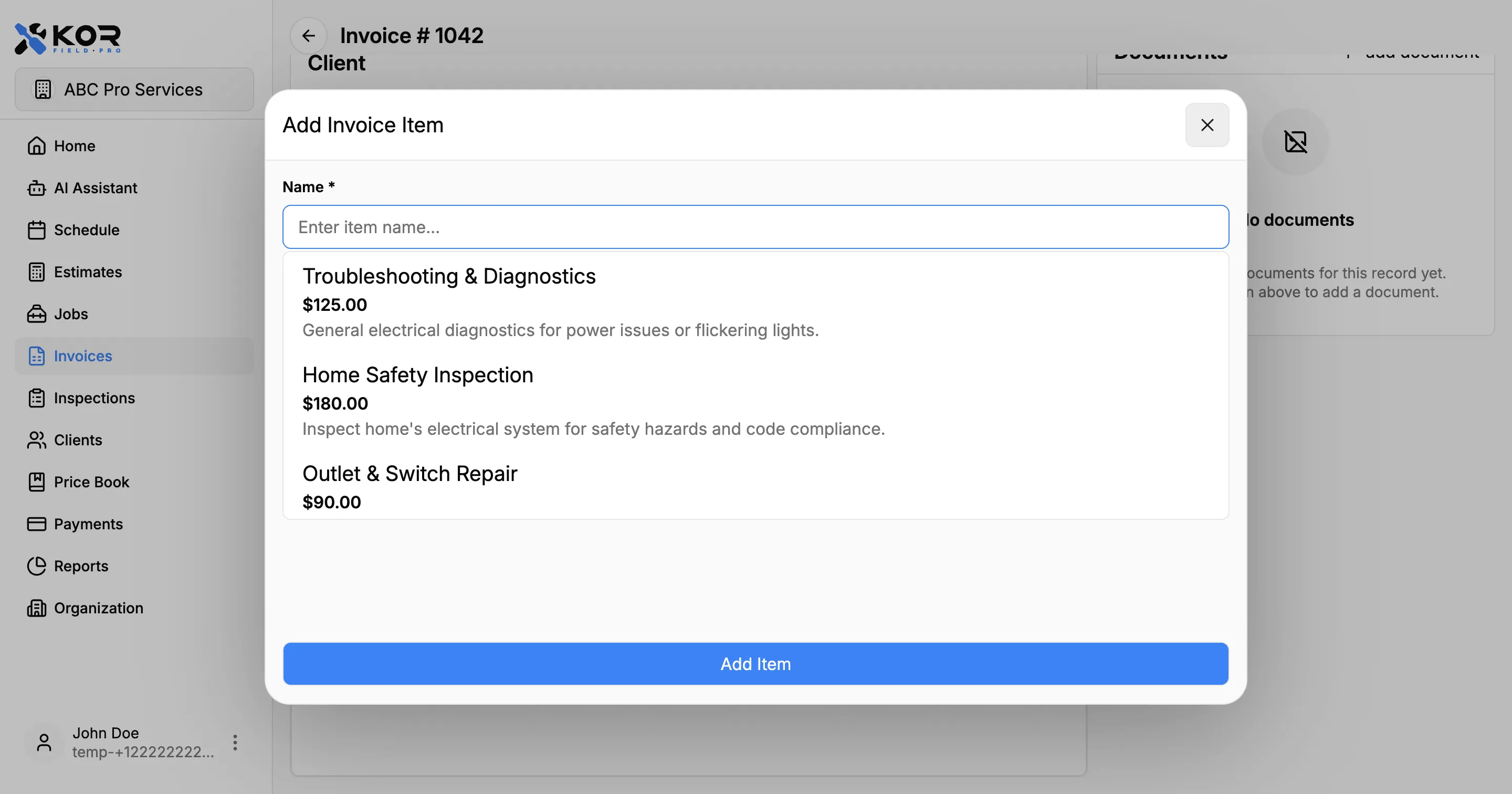 Invoice details screen showing invoice items and totals