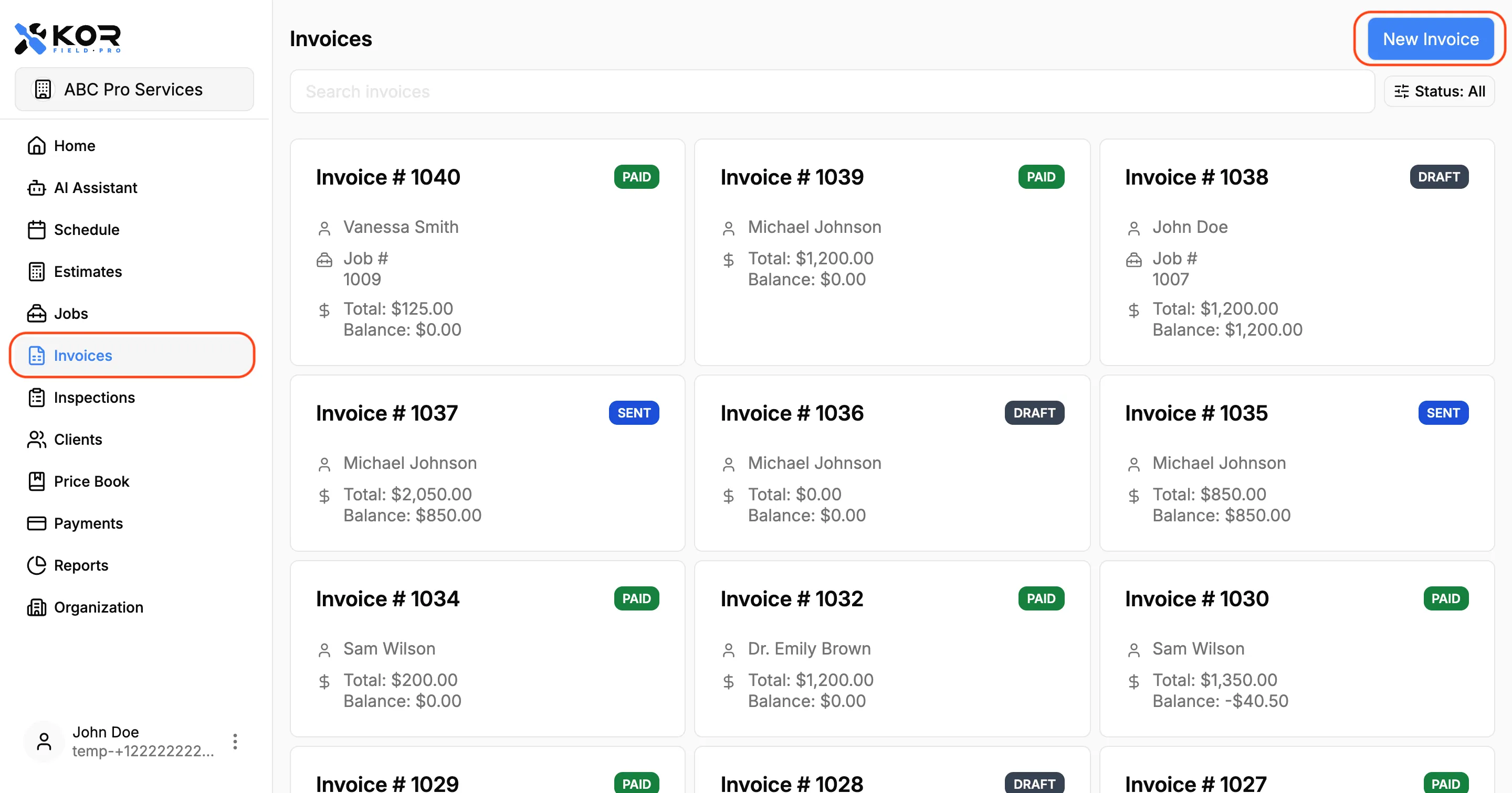 Invoices screen showing the new invoice flow