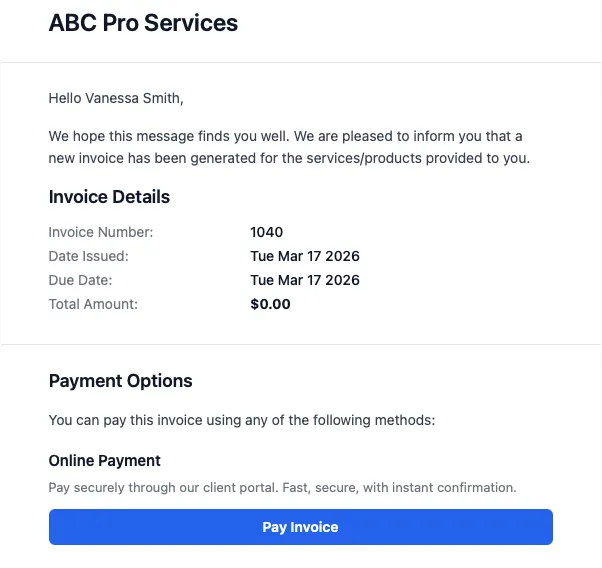 Example invoice email content received by a client