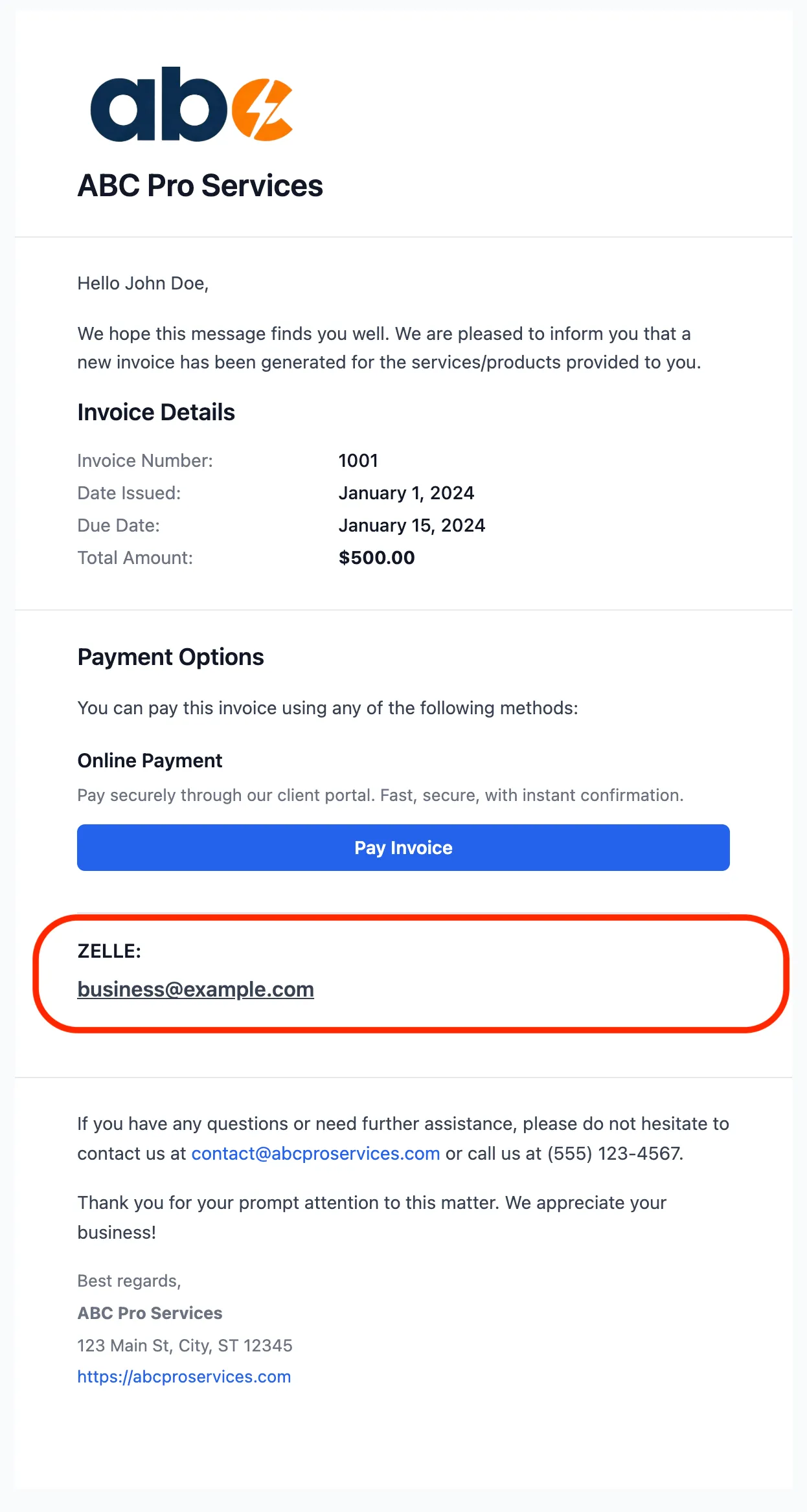 Invoice email showing Payment Options with Zelle