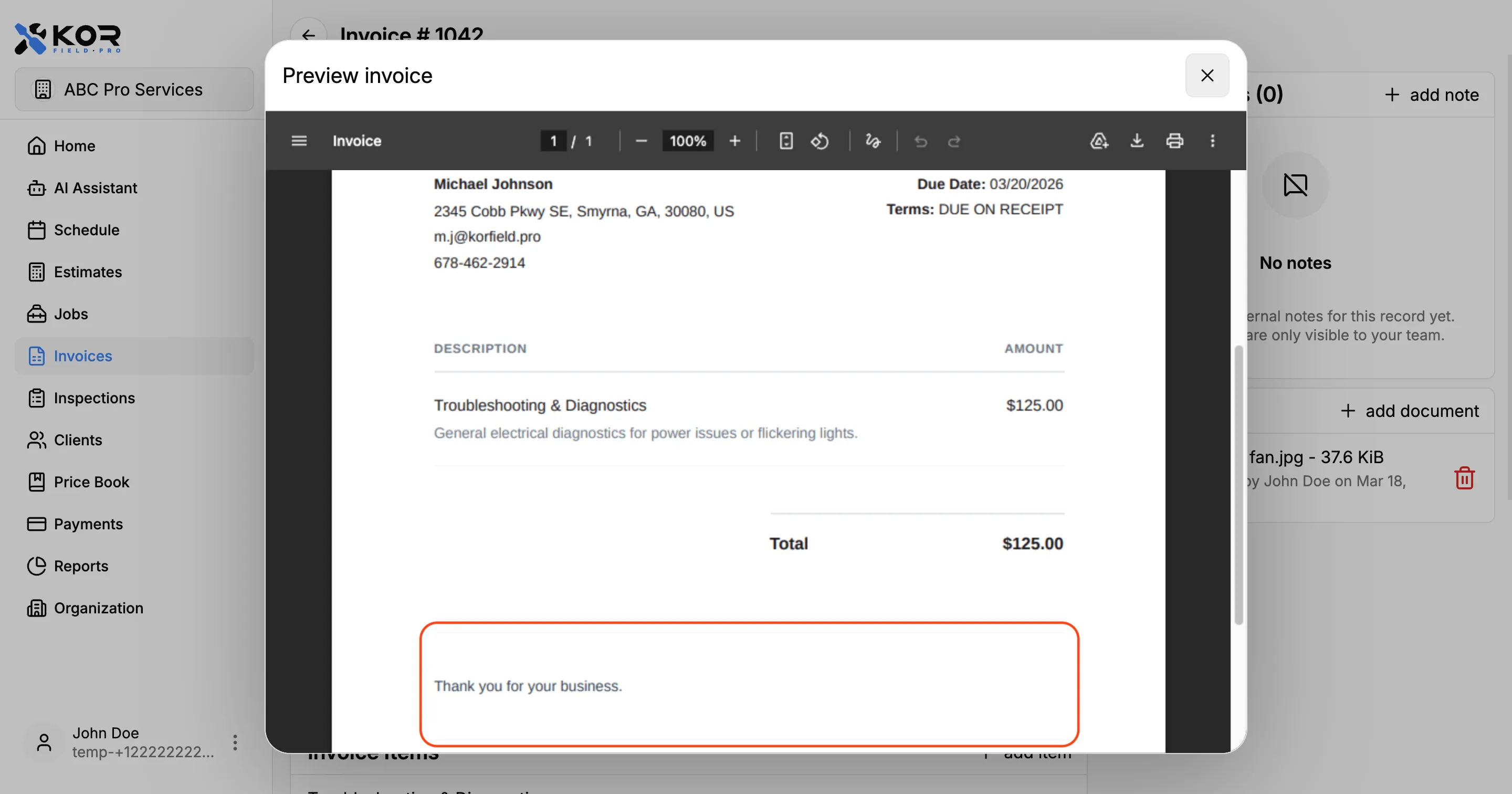 Invoice PDF showing the custom footer message at the bottom