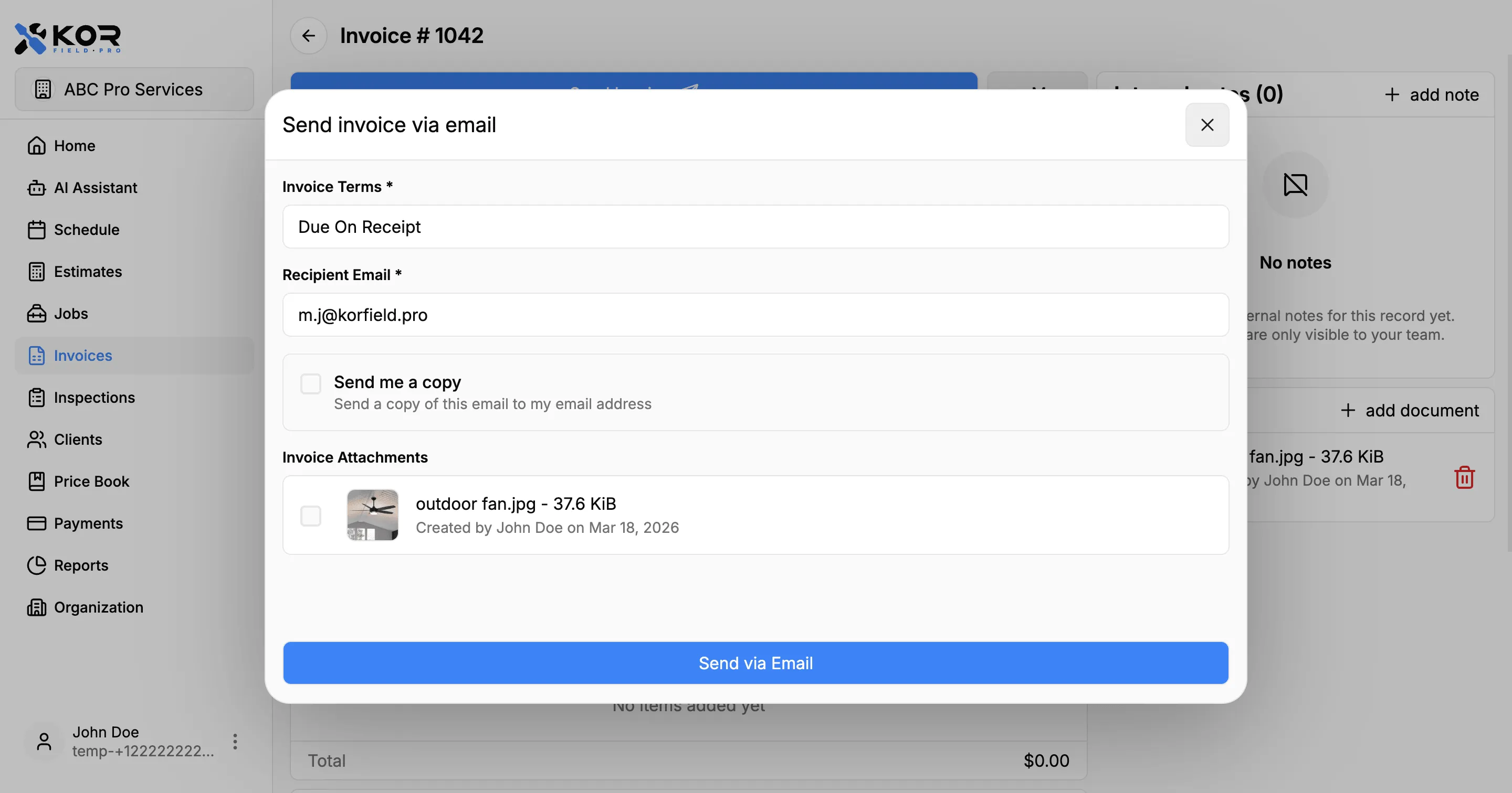 Send invoice modal with email delivery selected