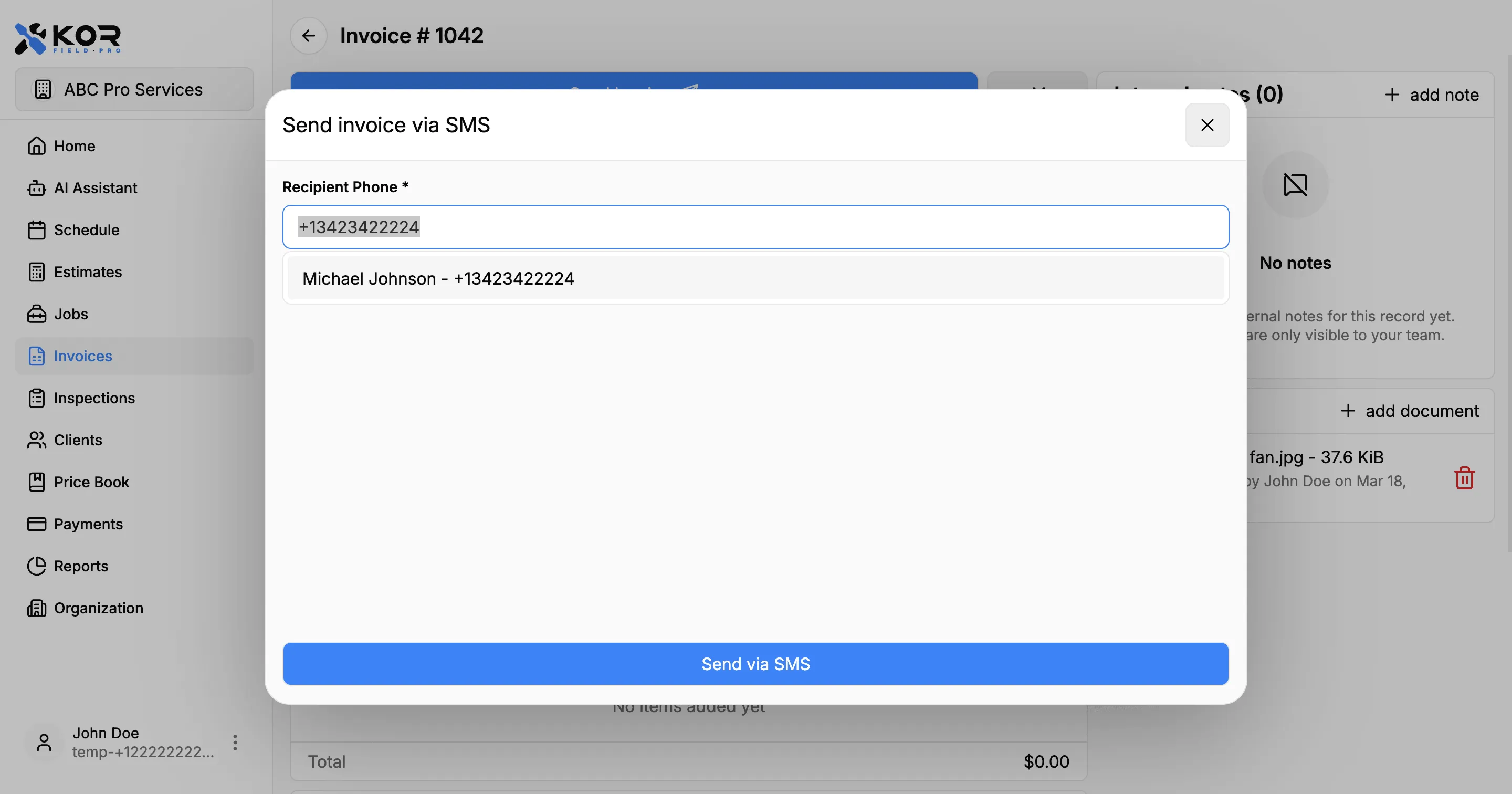 Send invoice modal with SMS delivery selected