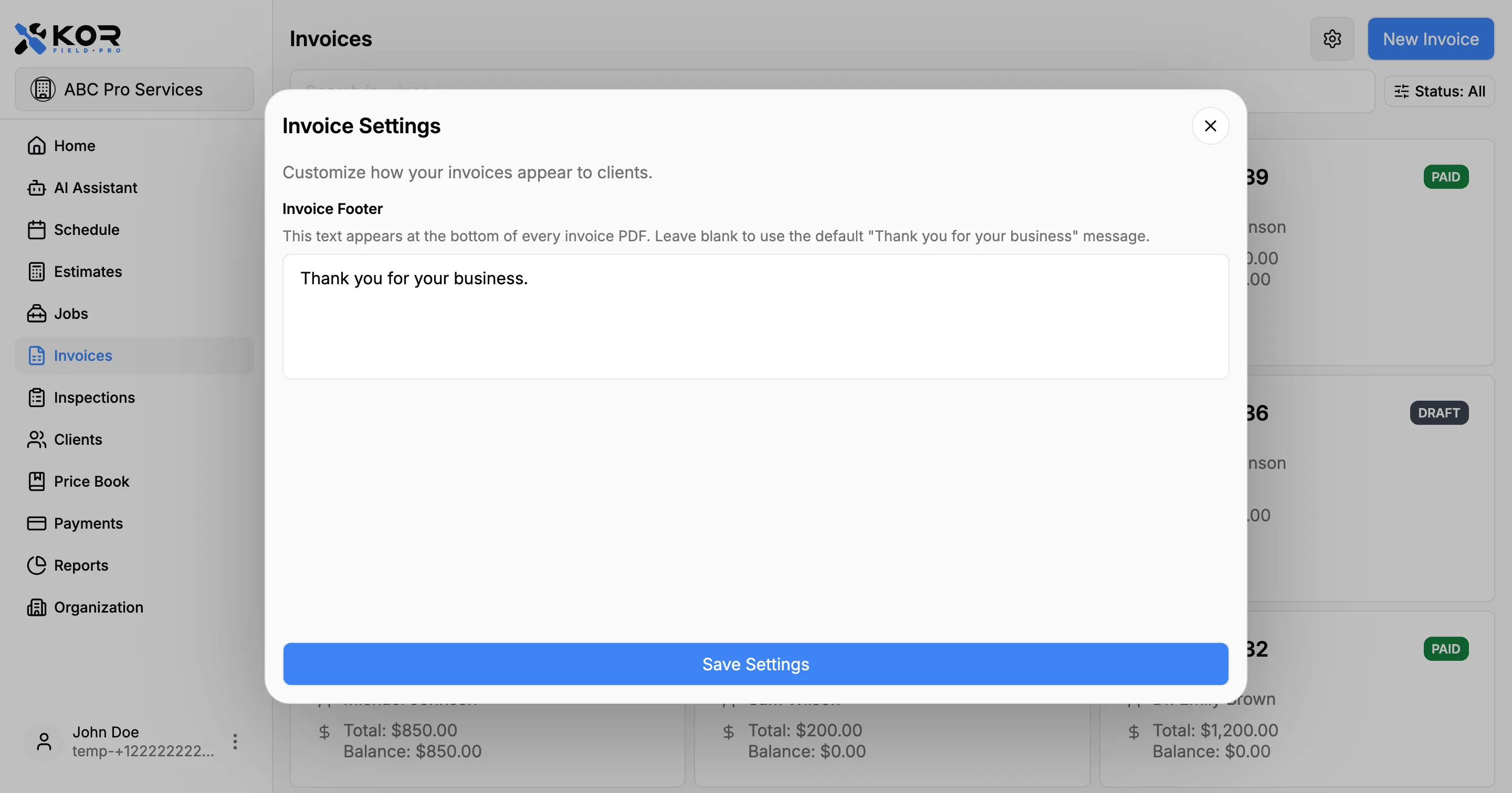 Invoice Settings screen with the footer text field