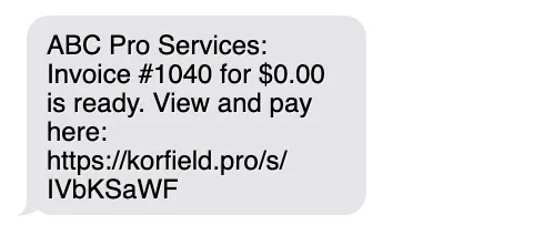 Example invoice SMS message with a secure short link