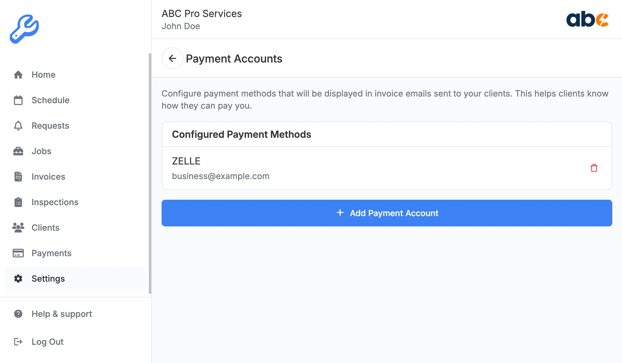 Payment Accounts list with Zelle account added
