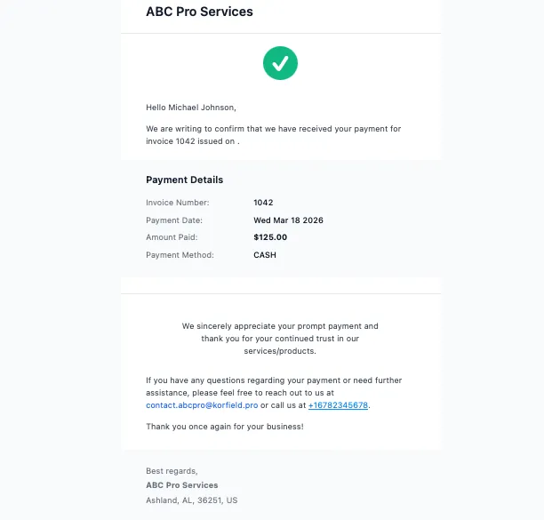 Example payment receipt email content sent to a client