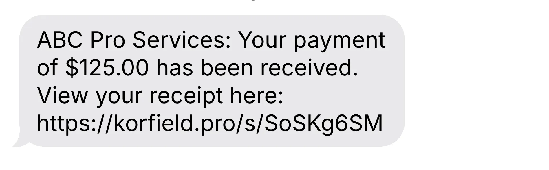 Example payment receipt SMS message with a secure short link