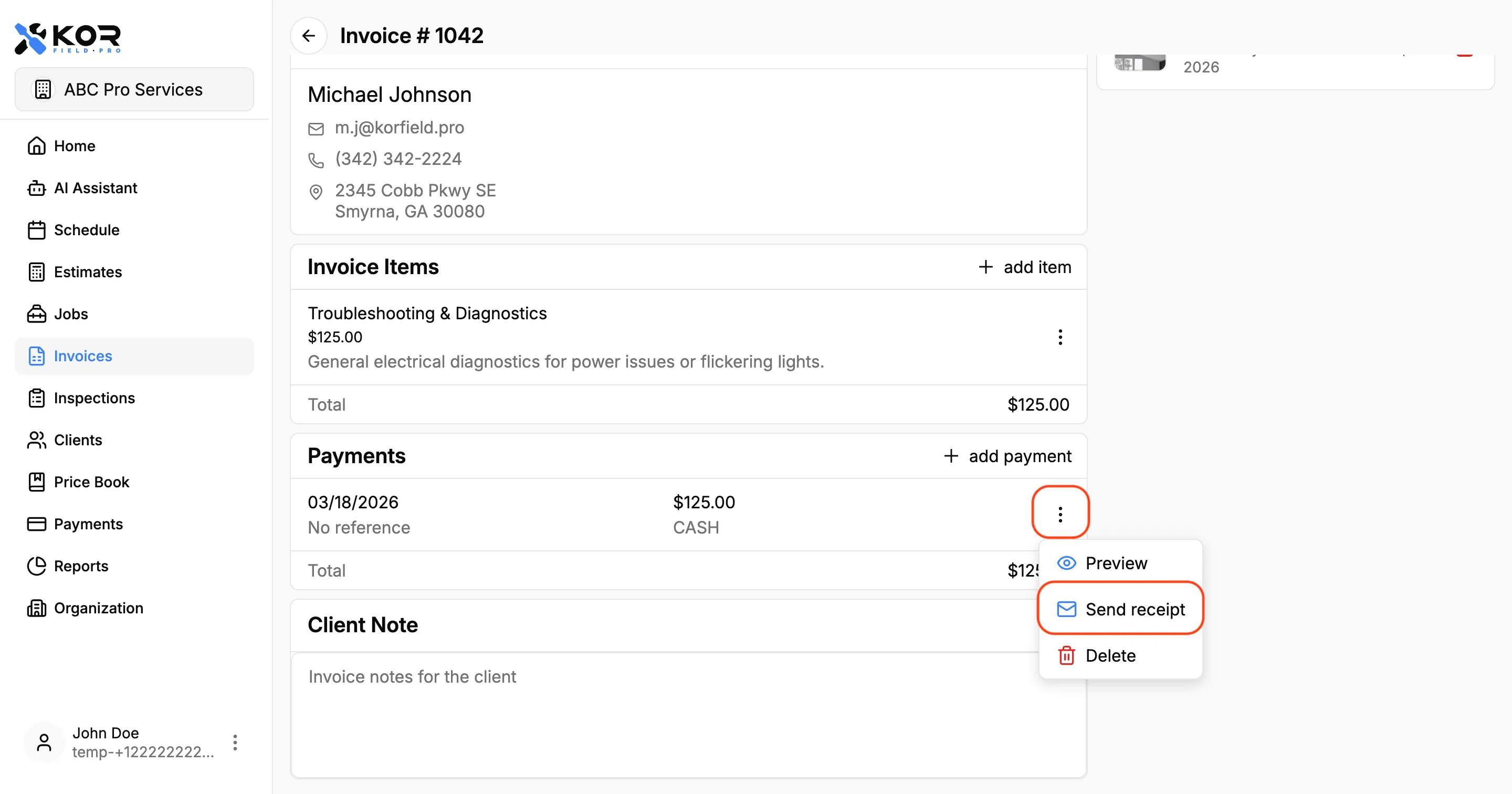Send receipt modal with delivery channel options