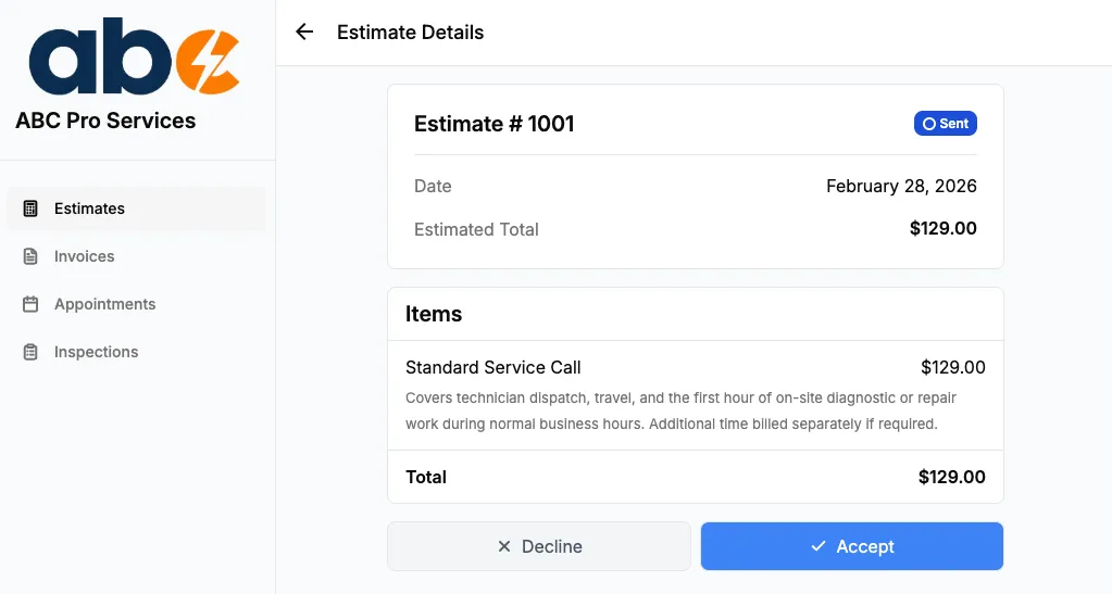 Client portal estimate detail screen showing line items and total