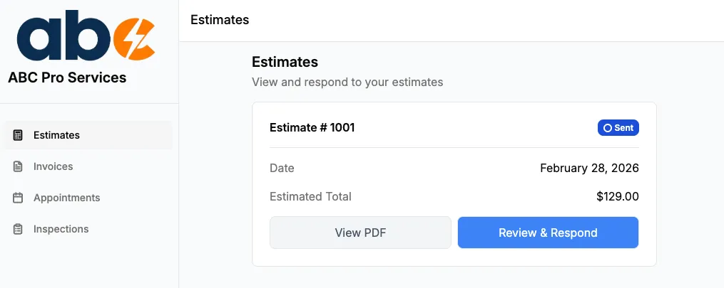 Client portal estimates list showing sent estimates with View PDF and Review & Respond buttons