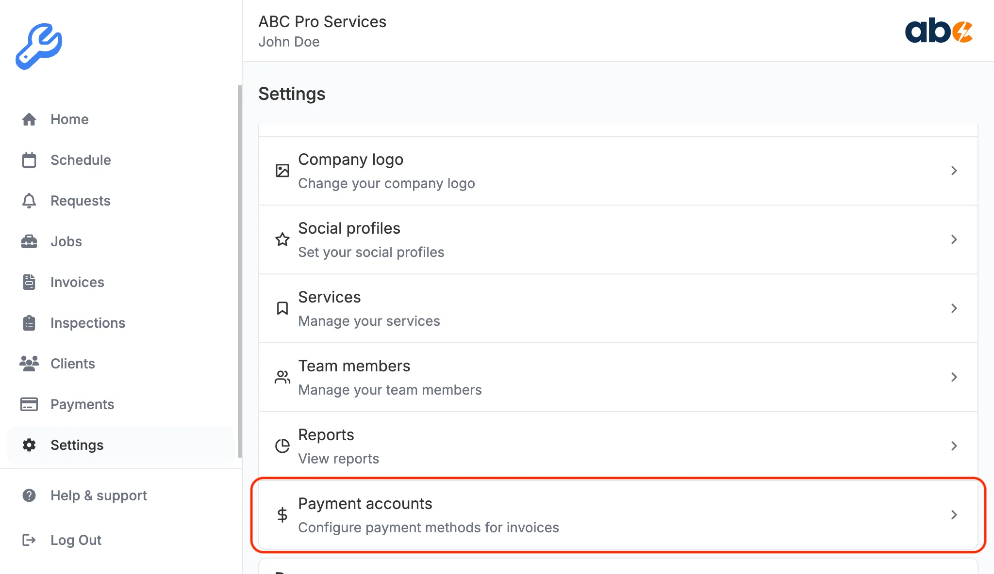 Settings menu with "Payment Accounts" option highlighted