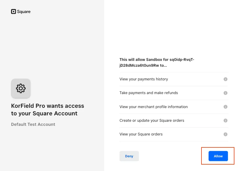 Square OAuth authorization screen