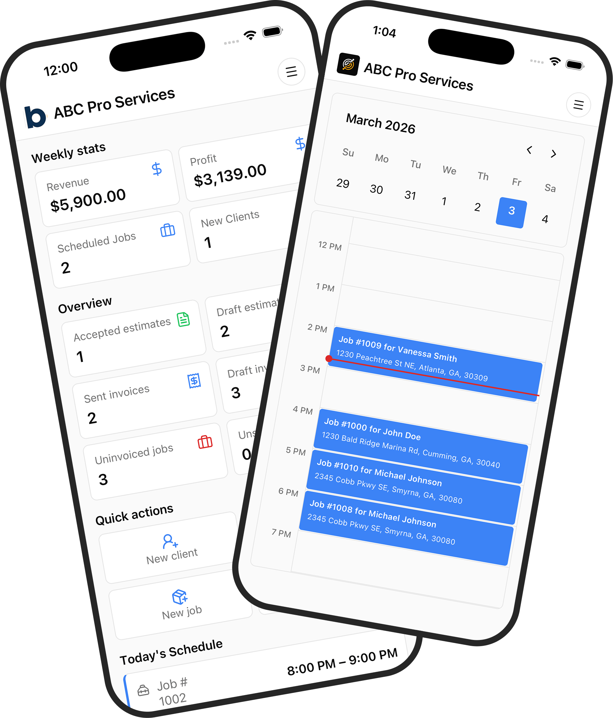 KorField Pro dashboard and schedule views shown on two iPhones