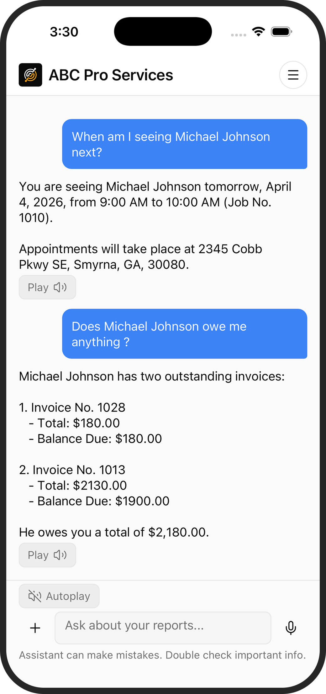 KorField Pro AI assistant answering business questions about appointments and invoices