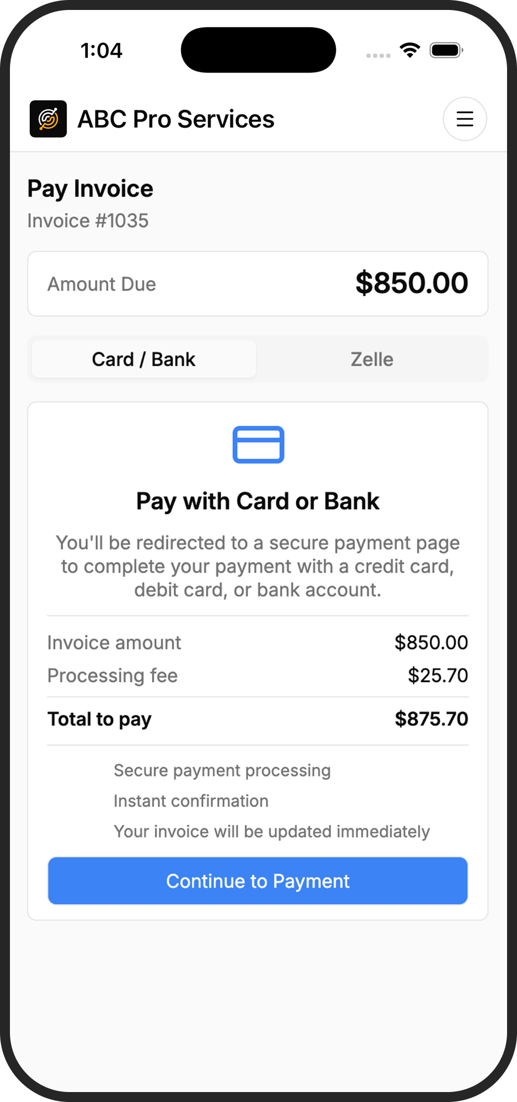 KorField Pro client-facing invoice payment screen with card, bank, and Zelle options