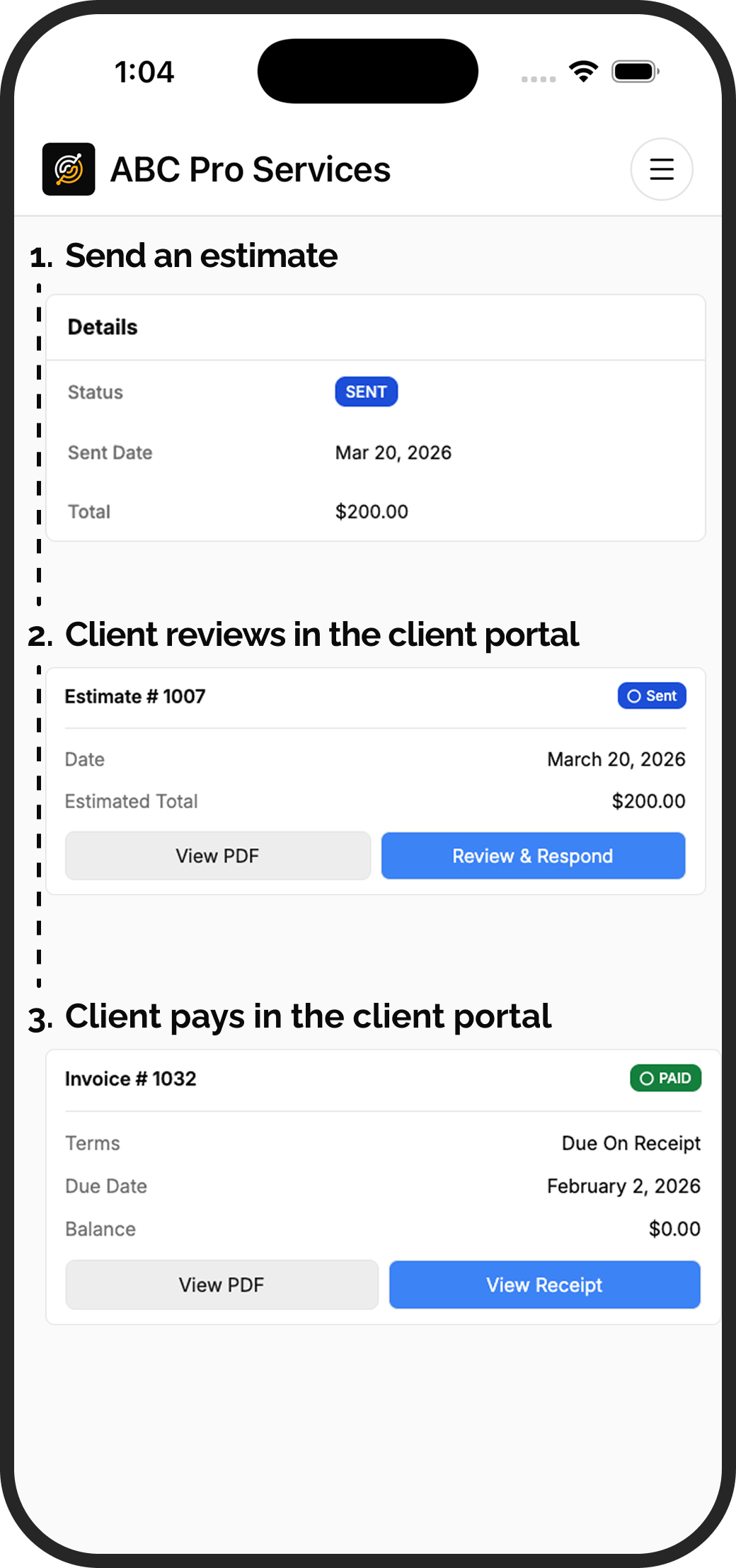 KorField Pro estimate flow from sending to client review to payment